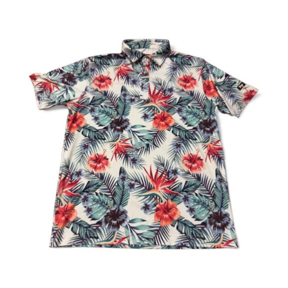 Waggle Polo Shirt Men's‎ L White Floral All Over Print Pattern Performance Golf